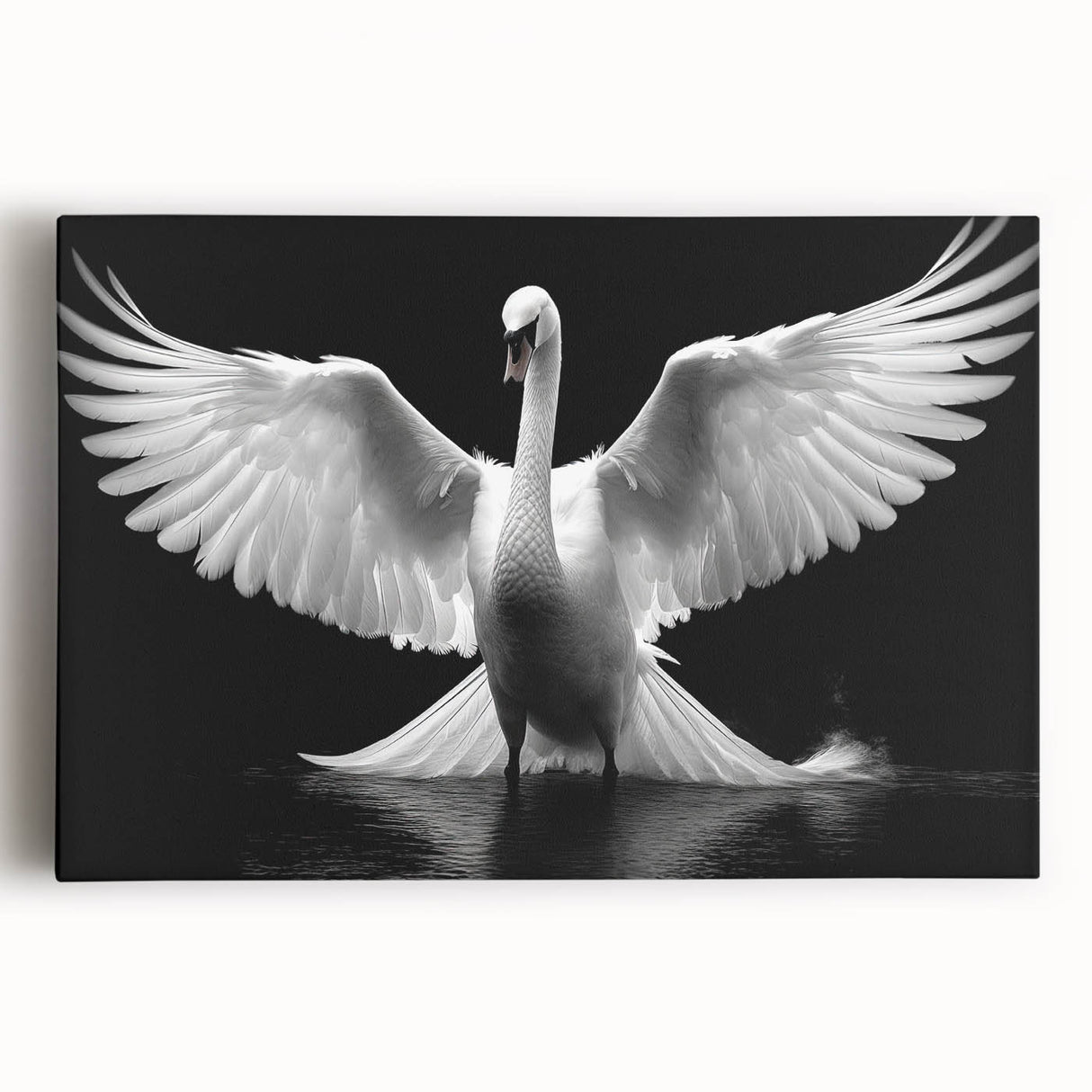 Elegant swan design stretched canvas wall art, showcasing intricate detailing and vibrant colors, perfect for enhancing home decor or gallery spaces.