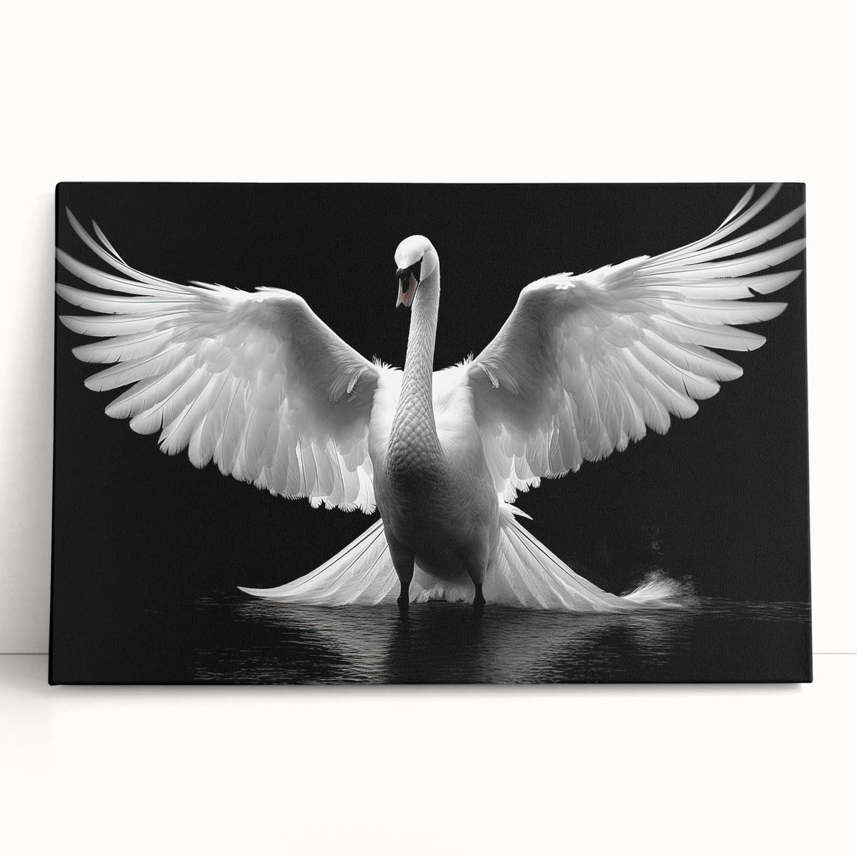 Stretched canvas wall art featuring an elegant swan design in soft pastel colors, leaning against a neutral-toned wall, perfect for enhancing home decor. Ideal for nature lovers and interior design enthusiasts seeking a tranquil ambiance.
