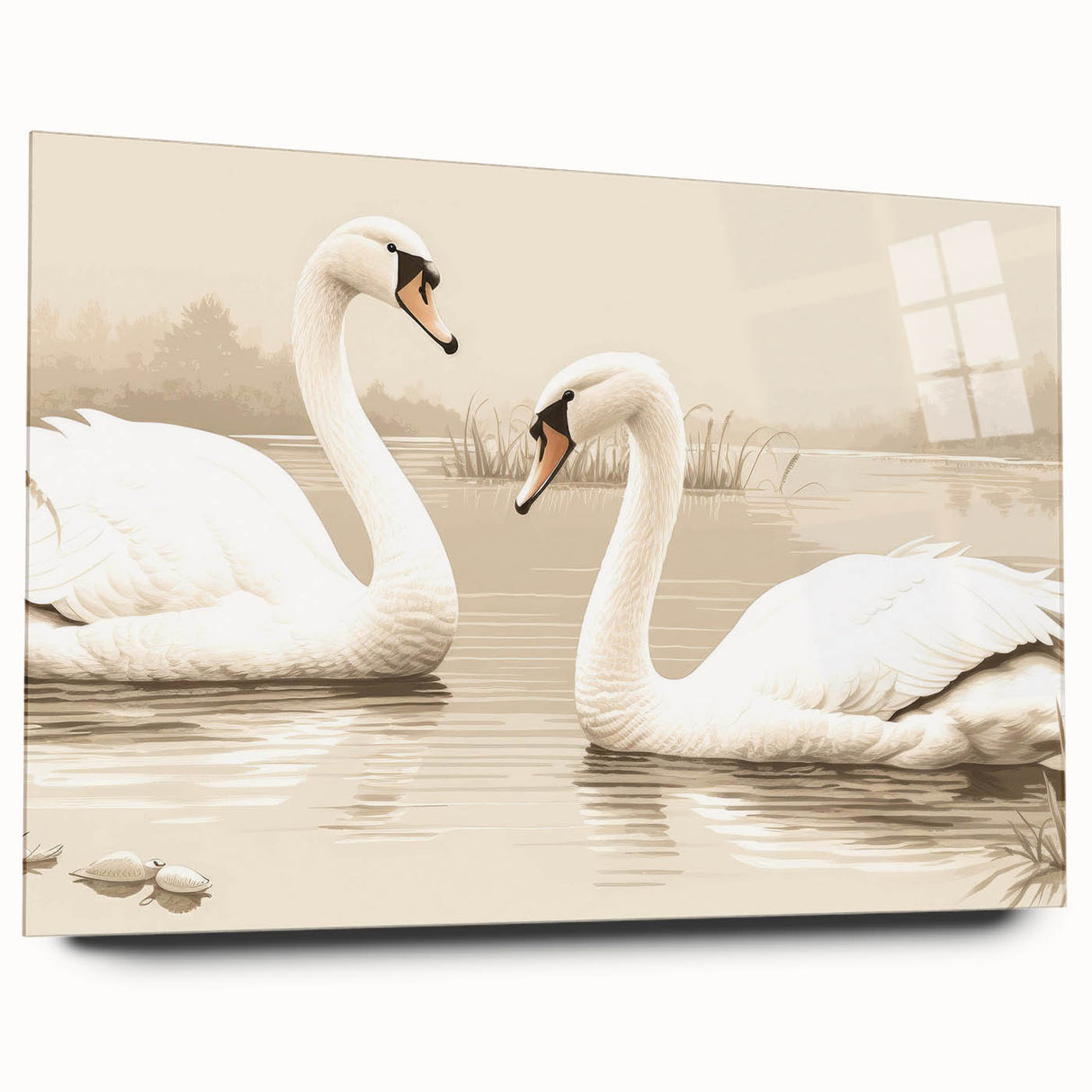 Elegant acrylic glass wall art featuring a serene swan design in a side view, showcasing intricate details and soft pastel colors, perfect for modern decor.