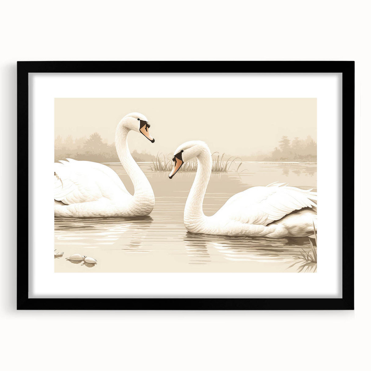 Elegant black-framed wall art displaying a serene swan design, perfect for enhancing home decor with a touch of nature-inspired elegance. Ideal for living rooms or bedrooms.