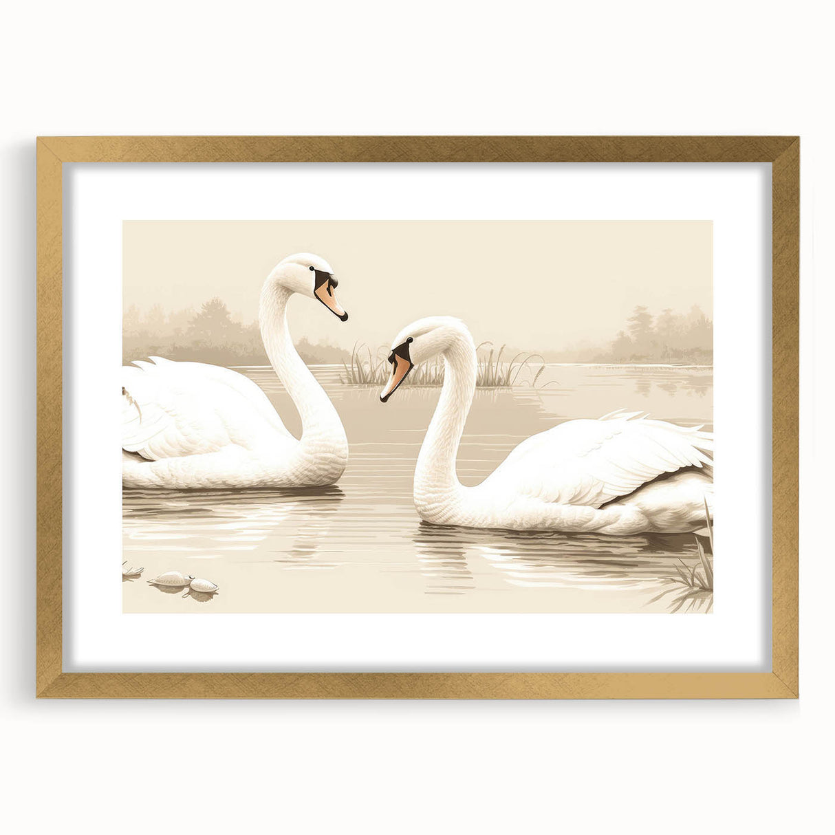 Elegant wall art piece showcasing a gold-framed swan design with a mat, perfect for modern home decor. Ideal for adding sophistication to living spaces.