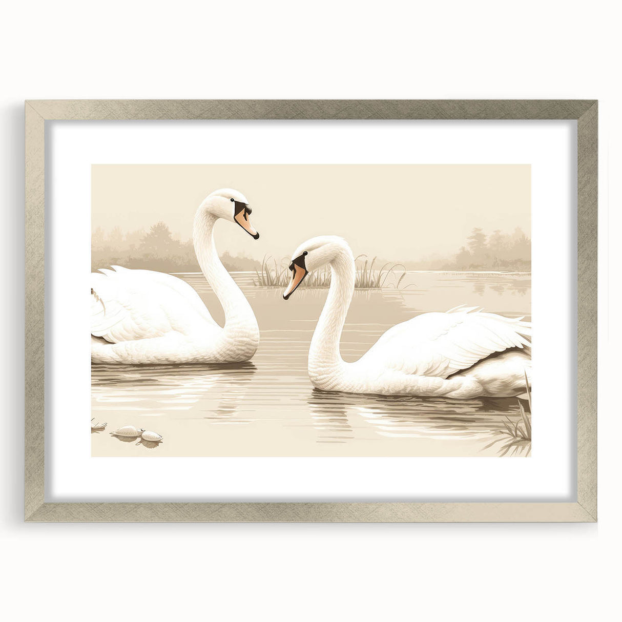 Framed wall art showcasing a graceful swan design in a silver frame with a mat, perfect for enhancing modern home decor and adding elegance to any room.