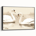 Framed canvas wall art featuring an elegant swan design in a minimalist black frame, showcasing intricate details and a serene color palette, ideal for modern decor.