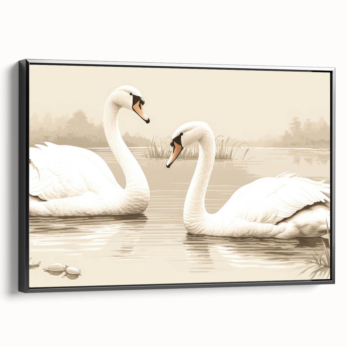 Framed canvas wall art featuring an elegant swan design in a minimalist black frame, showcasing intricate details and a serene color palette, ideal for modern decor.