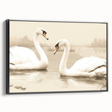Framed canvas wall art featuring an elegant swan design in a minimalist black frame, showcasing intricate details and a serene color palette, ideal for modern decor.