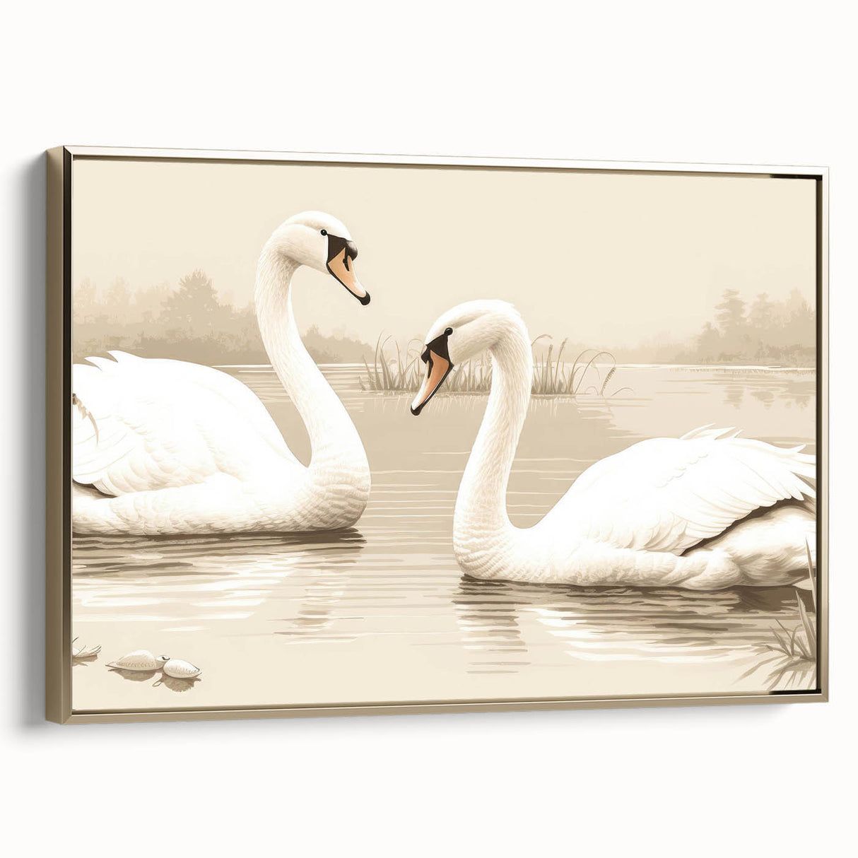 Framed canvas wall art featuring elegant swan design in gold hues, showcasing a sophisticated side view, perfect for enhancing home decor with a touch of luxury.