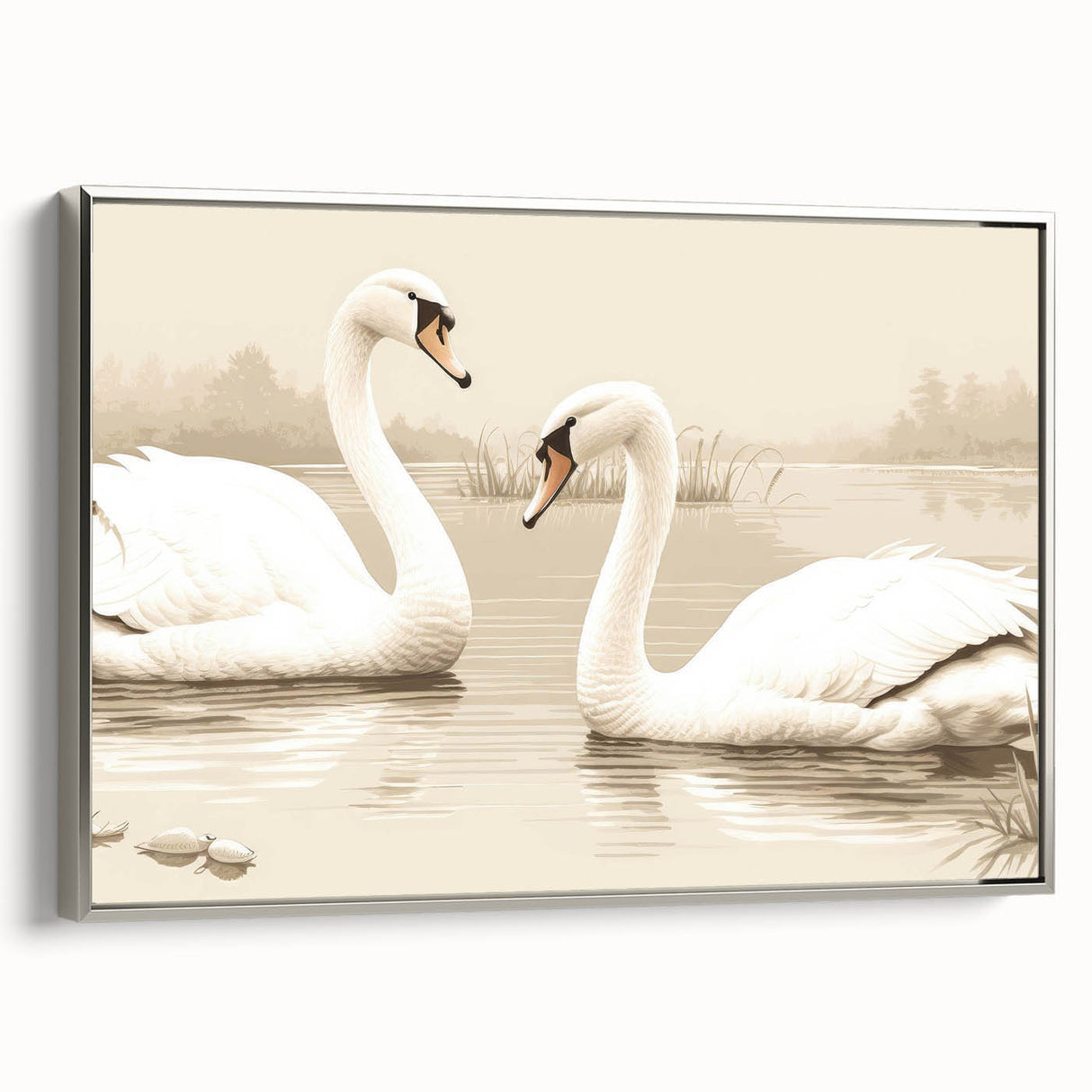 Framed canvas wall art showcasing a stunning silver swan design, elegantly displayed in a contemporary setting, perfect for adding sophistication to any interior decor.