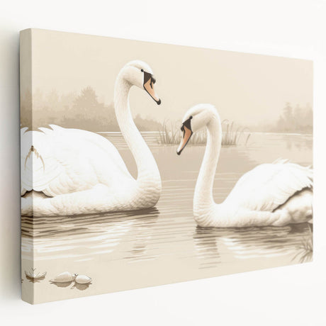 Elegant wall art featuring a side view of swans in a serene lake setting, printed on stretched canvas with vibrant colors, perfect for enhancing home decor.