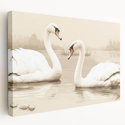 Elegant wall art featuring a side view of swans in a serene lake setting, printed on stretched canvas with vibrant colors, perfect for enhancing home decor.