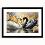 Elegant framed wall art featuring a serene swan design, showcased in a black frame with a white mat, perfect for enhancing modern decor and adding tranquility to any space.