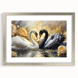 Framed wall art featuring elegant swan design in silver frame, showcasing intricate detailing and a soft mat, perfect for enhancing modern decor.