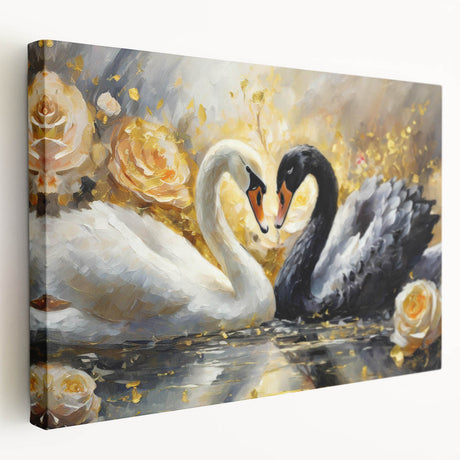 Elegant side view of a stretched canvas wall art featuring a serene swan design, showcasing soft pastel colors and intricate details, perfect for home decor.