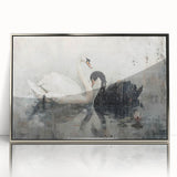 Framed wall art featuring an elegant swan design, showcased in a sleek silver frame with an acrylic front for a modern look, perfect for home decor.