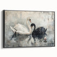 Framed canvas wall art featuring a serene swan design in black and white, showcased from a side view, perfect for modern decor aesthetics.