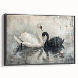 Framed canvas wall art featuring a serene swan design in black and white, showcased from a side view, perfect for modern decor aesthetics.