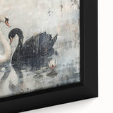 Close-up view of a framed canvas wall art piece featuring elegant swan designs in soft pastel colors, showcasing intricate details and textures for a serene decor accent.