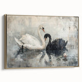 Framed wall art featuring an elegant swan design in a gold frame, set against a soft backdrop, perfect for home decor or gallery display, showcasing sophisticated aesthetics.