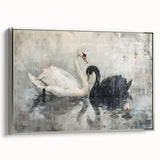 Framed wall art featuring a serene swan design on textured canvas, showcasing elegant silver accents against a soft background, perfect for home decor.