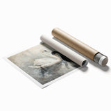 Elegant swan design wall art print featuring a serene color palette of blues and whites, perfect for adding a touch of sophistication to any room decor.