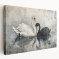 Elegant swan design stretched canvas wall art showcasing a serene lakeside scene, featuring soft pastel colors and intricate detailing, perfect for home decor.