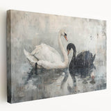 Elegant swan design stretched canvas wall art showcasing a serene lakeside scene, featuring soft pastel colors and intricate detailing, perfect for home decor.