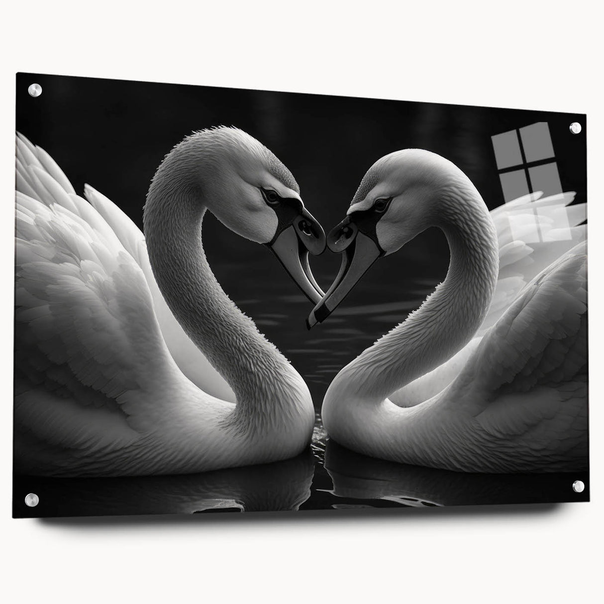 Elegant wall art collection featuring a side view of acrylic glass depicting a graceful swan design, accented with decorative pins, ideal for modern decor.