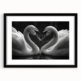 Swan-themed wall art collection featuring four elegant bird designs framed in black with a white mat, ideal for modern home decor and aesthetic enhancement.