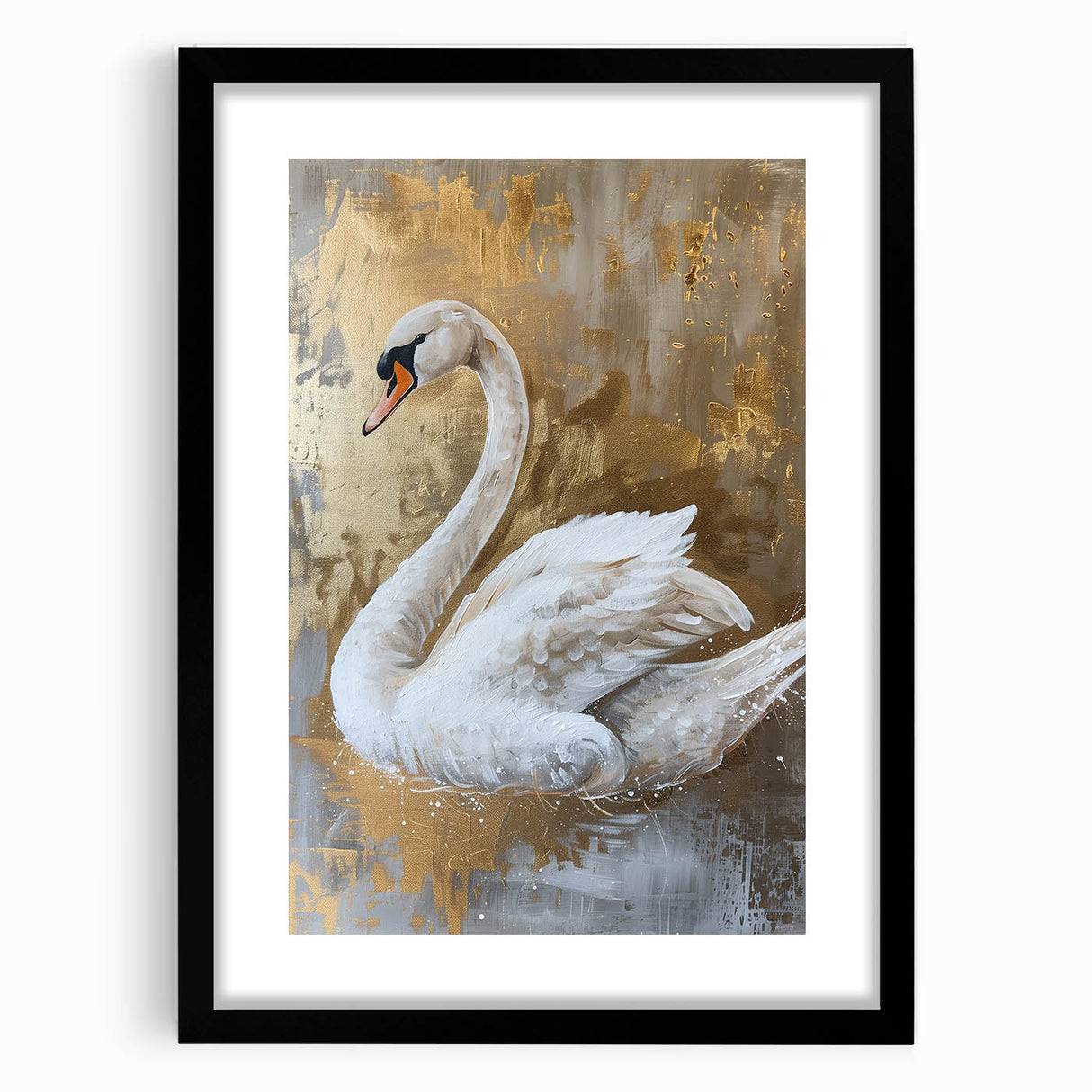 Swan-themed wall art collection framed in black with a mat, showcasing elegant bird designs perfect for home decor, adding a touch of sophistication and nature.