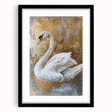 Swan-themed wall art collection framed in black with a mat, showcasing elegant bird designs perfect for home decor, adding a touch of sophistication and nature.