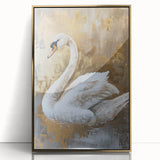 Framed wall art featuring a serene swan design with gold accents, set against a soft background, perfect for enhancing any contemporary decor.