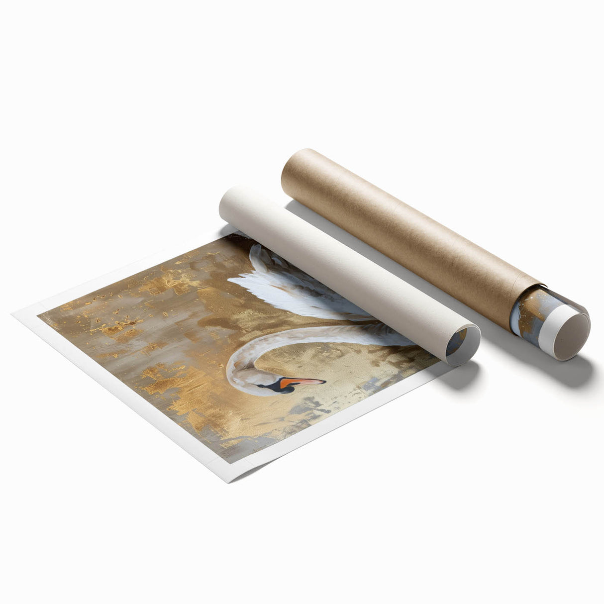 Swan-themed wall art print showcasing elegant birds in soft pastels, rolled and ready for display, perfect for enhancing home decor with a touch of nature.
