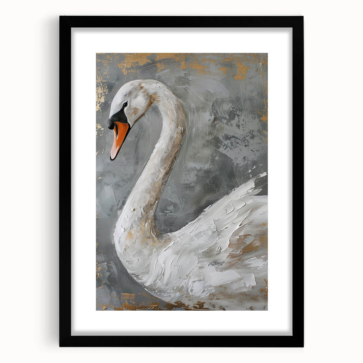 Elegant wall art collection featuring a black-framed design with a serene swan motif, ideal for enhancing home decor. The artwork is displayed with a mat, showcasing intricate details and a sophisticated aesthetic that complements modern interiors.