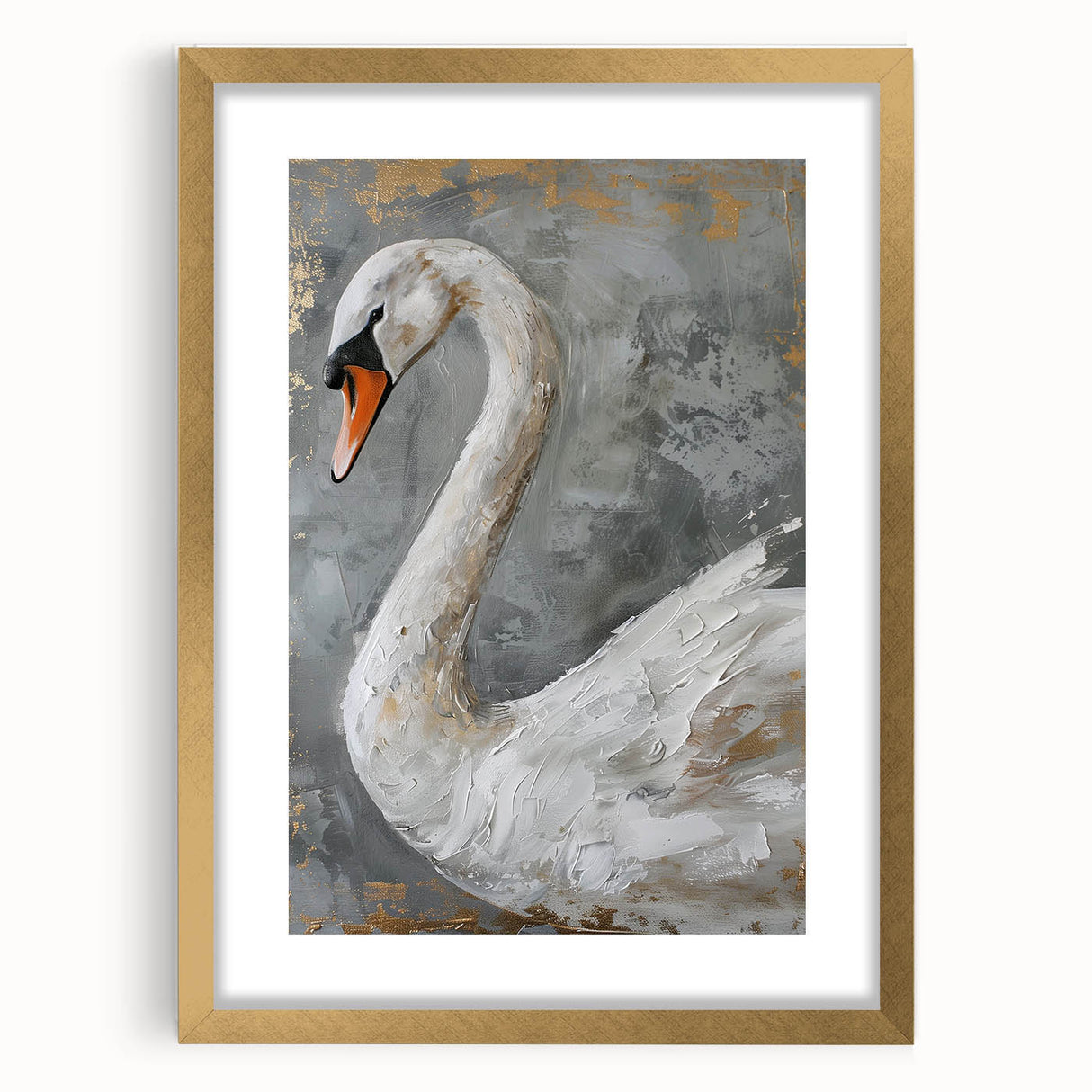 Elegant wall art featuring a stunning swan design in a gold frame, complete with a mat for an upscale presentation, perfect for home decor enthusiasts.