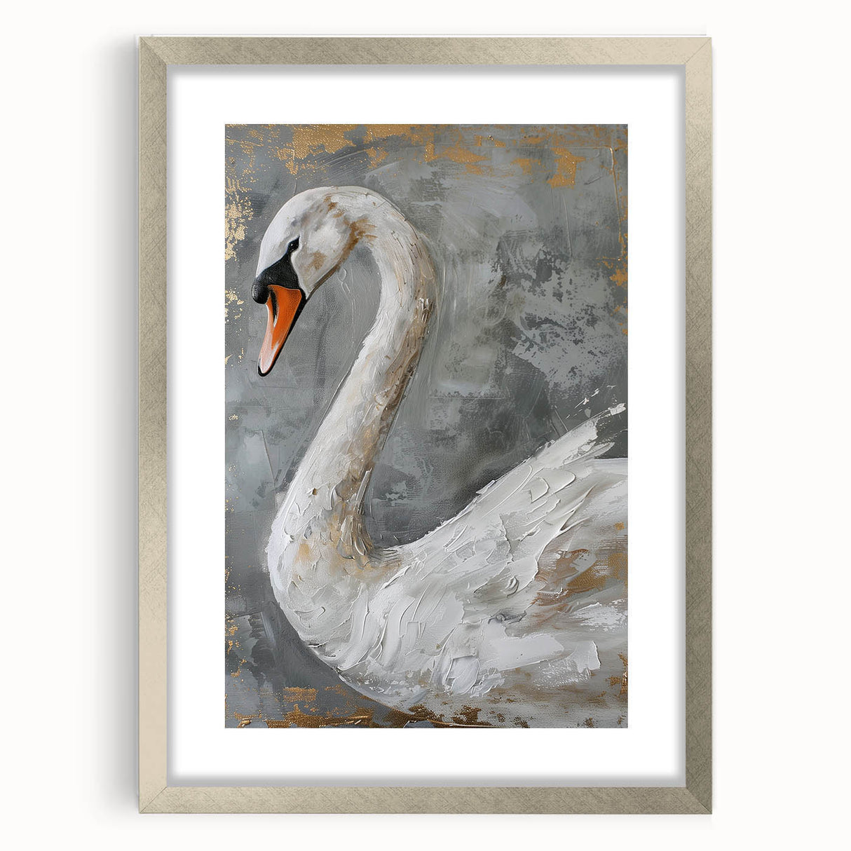 Swan-themed wall art collection in a sleek silver frame with a mat, showcasing elegant bird designs, perfect for modern home decor and enhancing interior aesthetics.