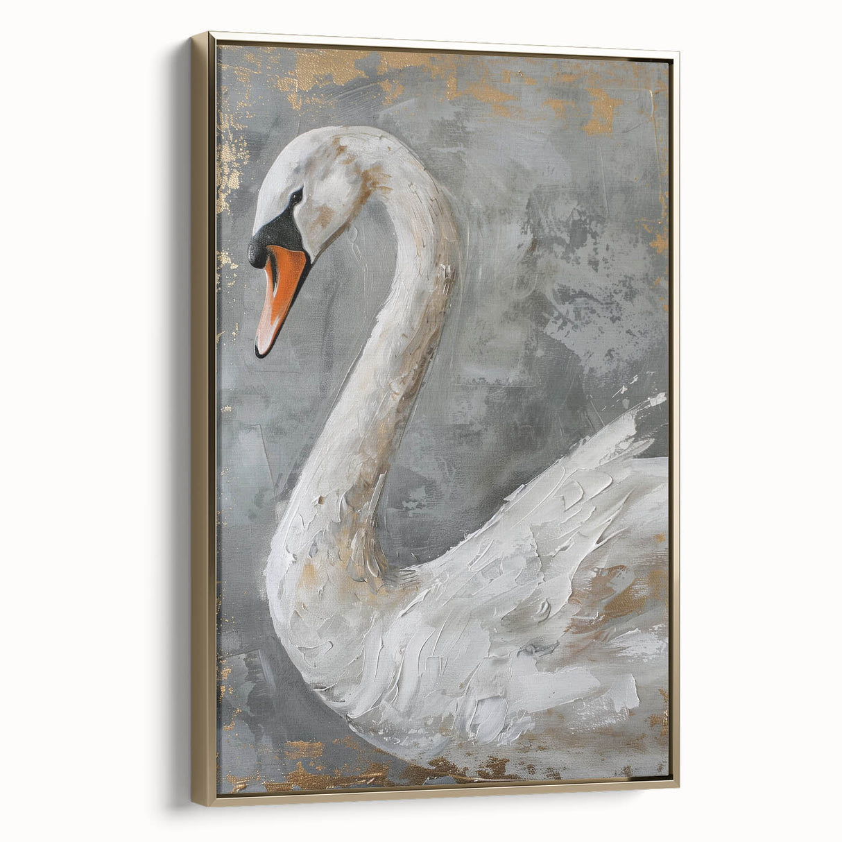 Framed wall art collection featuring elegant swan designs on canvas, highlighted with gold accents, showcasing a sophisticated side view in a modern decor setting.