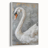 Framed wall art featuring a serene swan design in a minimalist style, displayed against a white background, ideal for enhancing home decor with elegance.