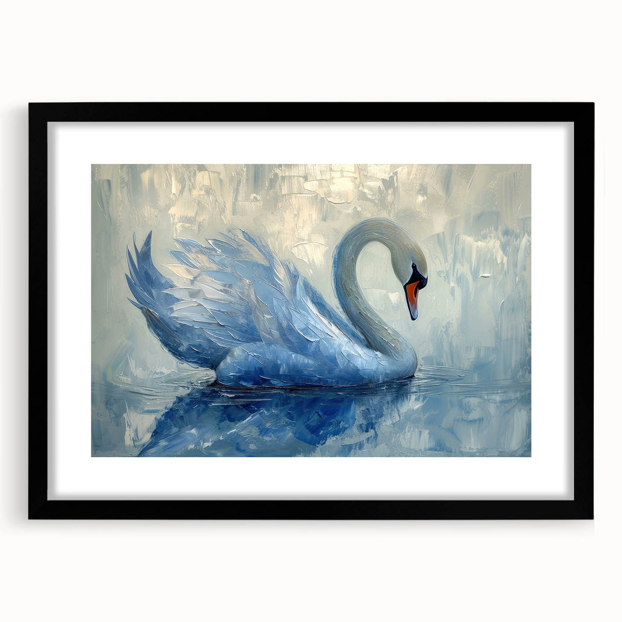 Elegant black-framed wall art featuring a serene swan design, perfect for enhancing modern decor. The artwork is set with a mat, emphasizing the graceful details of the swan against a tranquil background, ideal for living spaces or galleries.