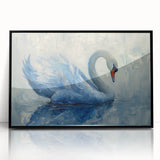 Framed wall art featuring an elegant swan design against a black background, showcasing intricate details and vibrant colors, perfect for home decor and artistic interior styling.