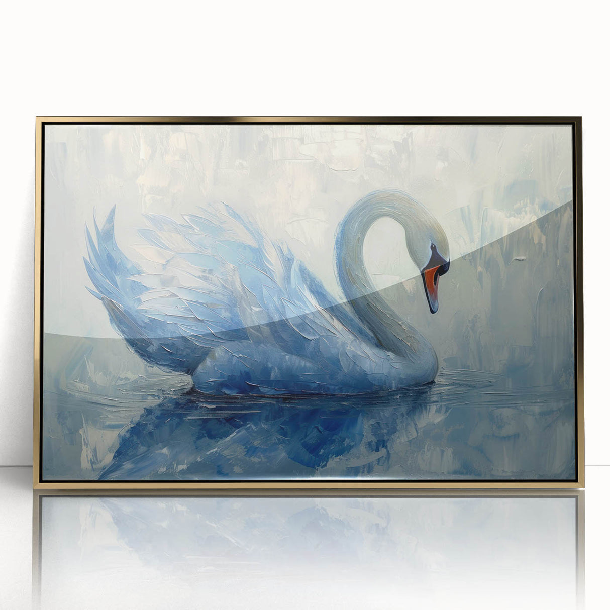 Framed wall art featuring an elegant swan design in gold accents, set against a sleek acrylic backdrop, perfect for modern home decor. Ideal for enhancing interiors with a touch of sophistication and nature-inspired elegance.