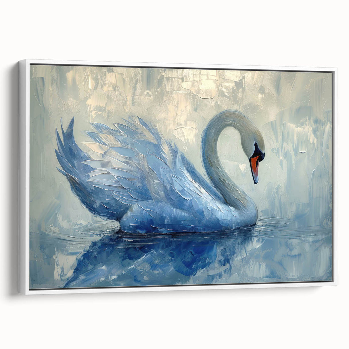 Framed canvas wall art showcasing a serene swan design in soft white tones, set against a minimalist background, ideal for enhancing modern home decor.