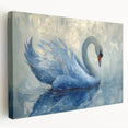 Elegant side view of a stretched canvas wall art featuring graceful swans in a serene lake setting, ideal for modern home decor and tranquil aesthetics.