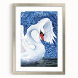 Elegant wall art featuring a silver-framed print of swans in a serene setting, perfect for enhancing modern home decor. The artwork is designed to add a touch of sophistication to any space.