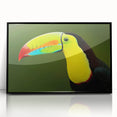 Framed tropical wall art featuring vibrant birds in a colorful design, set against a sleek black frame. Ideal for enhancing modern home decor.