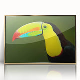 Framed acrylic wall art showcasing vibrant tropical birds in a lush setting, featuring elegant gold accents that enhance the colorful design, perfect for home decor.