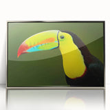 Framed acrylic wall art showcasing a vibrant tropical bird design, featuring vivid colors and intricate details, perfect for enhancing modern home decor.
