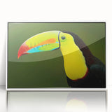 Framed wall art featuring a vibrant tropical bird design, showcasing colorful plumage against a white background, perfect for enhancing modern home decor.
