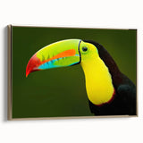 Framed canvas wall art featuring a vibrant tropical bird design, showcasing vivid colors and intricate details, presented in an elegant gold frame for a luxurious touch. This artwork adds a lively and exotic flair to any interior decor, perfect for nature lovers and art enthusiasts.