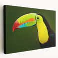 Tropical wall art design featuring vibrant birds on stretched canvas, showcasing vivid colors and intricate details, ideal for home decor and nature enthusiasts.