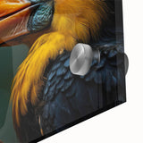 Close-up of a vibrant tropical birds wall art design featuring colorful parakeets and exotic flora, displayed on acrylic glass for a modern aesthetic. Perfect for adding a lively touch to home decor.
