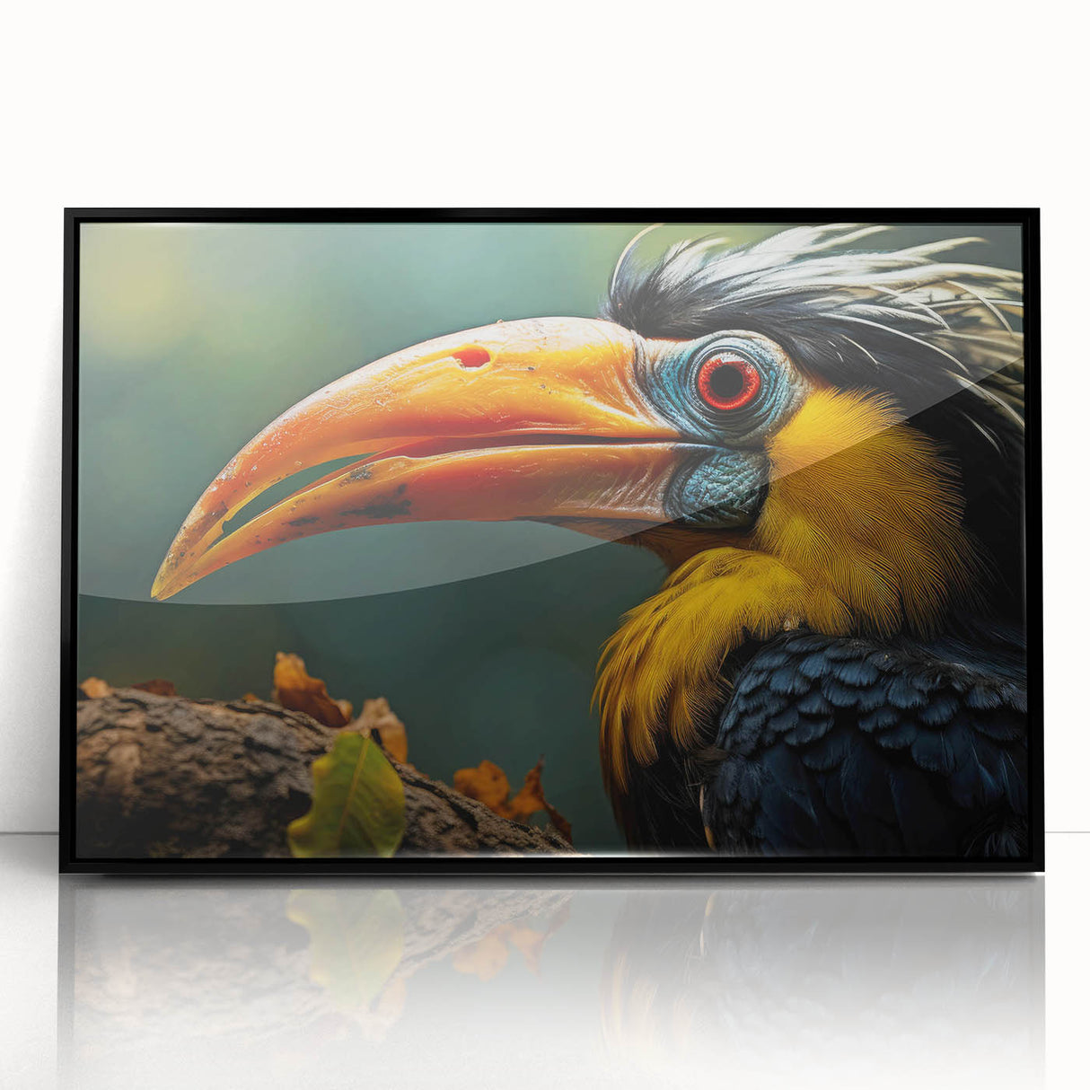 Framed tropical bird wall art design featuring vibrant colors and intricate details, displayed in sleek black frame, ideal for enhancing modern decor.